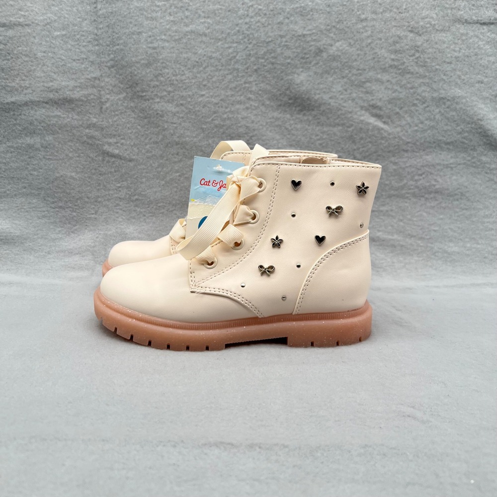 Cat & Jack Amaya Ivory Combat Boots Studded Heart Bow Girls Size 12 NWT